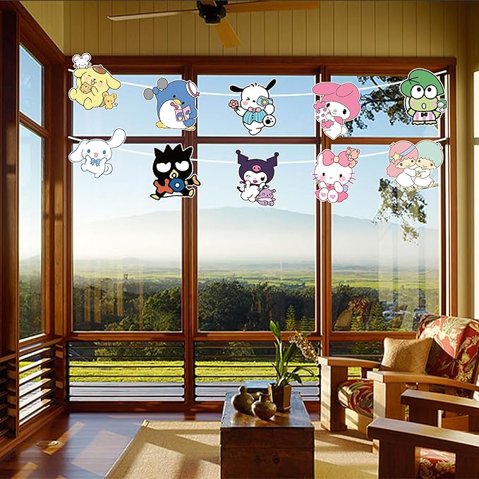 Kawaii Birthday Party Supplies - 10 Pcs Theme Cartoon Porch Sign - Room Door Decoration Porch Hanging Banner Wall Decorations for Indoor Outdoor Decoration