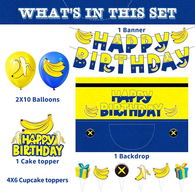 Yellow Cartoon Birthday Party Supplies, Yellow Jeans Cartoon Theme Party Decorations Including Birthday Banner, Backdrop, Balloons, Cupcake Toppers