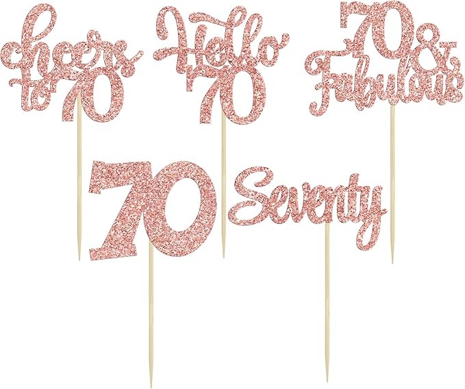 30Pcs Happy 70th Birthday Cupcake Toppers Seventy Cheers to 70 Years Old Birthday Cupcake Picks for 70th Anniversary Party Cake Decorations Supplies Rose Gold Glitter