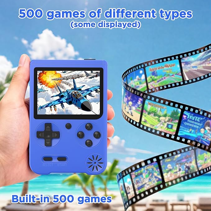 Retro Handheld Game Console, 3-inch IPS Screen Portable Game Console with 500 Built-in Classic Games ,1200mAh Rechargeable Battery, Plug & Play Video Games - Blue