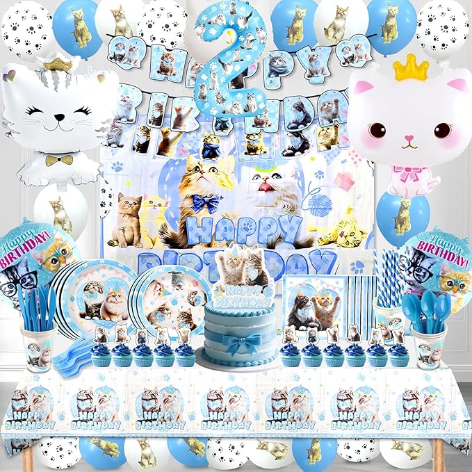 142Pcs Cat Birthday Decorations, Cat 2nd Birthday Party Supplies, Cat Birthday Party Decorations Include Plates Cups Napkins Tablecloth Balloons Cake Toppers for Kids Party