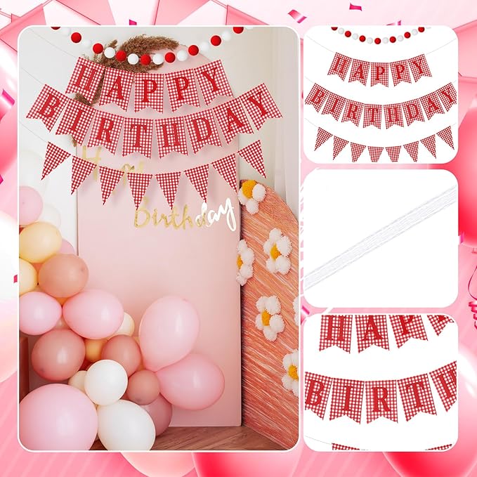 Set of 4 Red Gingham Happy Birthday Banner Plaid Checkered Pennant Banner Decorations Felt Ball Happy 1st Birthday Garland for Gingham Party Supplies