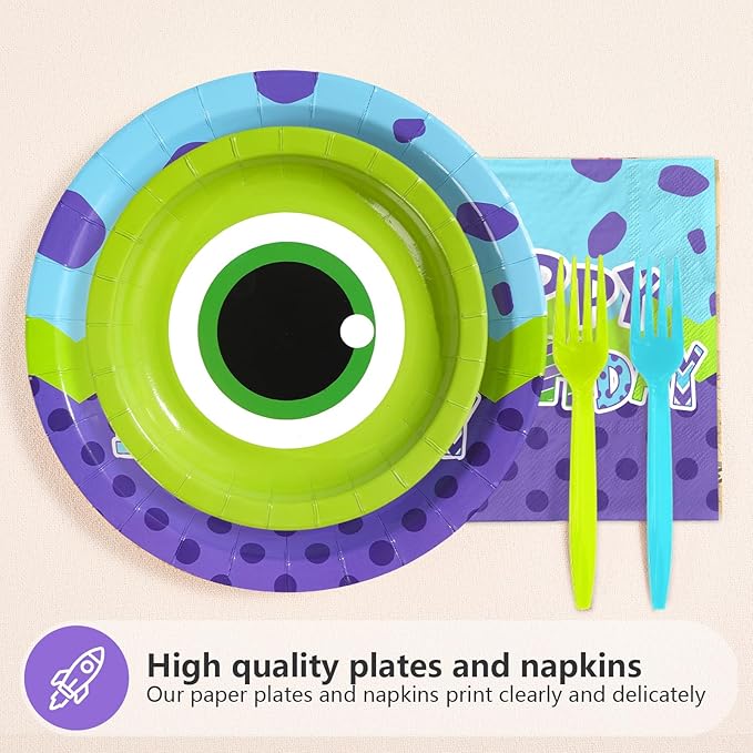 96Pcs Monster Birthday Party Supplies 2nd Monster Theme Party Plates and Napkins Disposable Green and Purple Cartoon Tableware Set for Kids 2nd Birthday Baby Shower Decorations Serves 24
