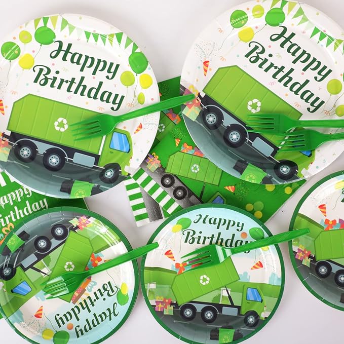 96 Pcs Garbage Truck Birthday Party Plates and Napkins Party Supplies Trash Trucks Party Tableware Set Waste Management Recycling Party Decorations Favors for Birthday Baby Shower for 24 Guests