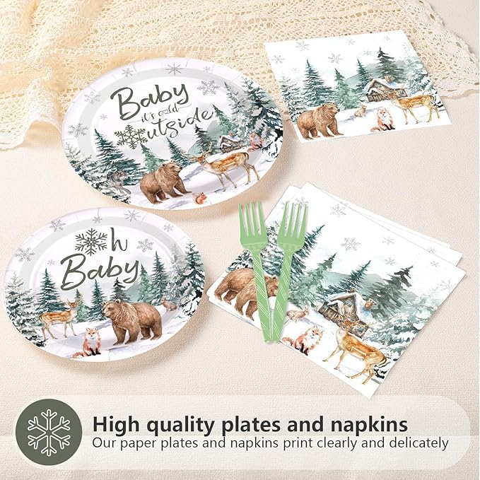 200Pcs Baby It's Cold Outside Plates and Napkins Disposable Winter Onderland Baby Shower Decorations Winter Snowflake Animals Woodland Tableware Sets for Girl Boy Shower Birthday Supplies Serves 50