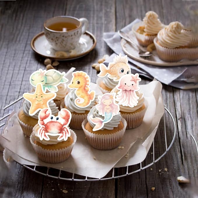 60 PCS Edible Ocean Animal Cupcake Toppers Sea Ocean Birthday Cake Decorations Edible Turtles Octopus Seahorse Crab Starfish Mermaid Cupcake Picks for Under the Sea Theme Baby Shower Party Supplies