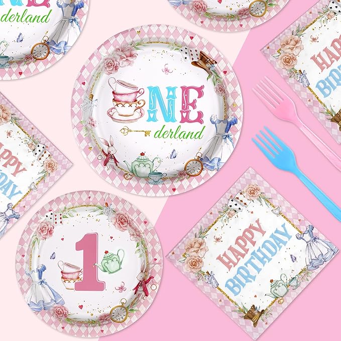Grencian 96Pcs Onderland First Birthday Party Supplies Onederland 1st Birthday Plates Napkins Forks Disposable Tableware Set for Girls One Year Old birthday Decorations Tea Party Baby Shower Serve 24