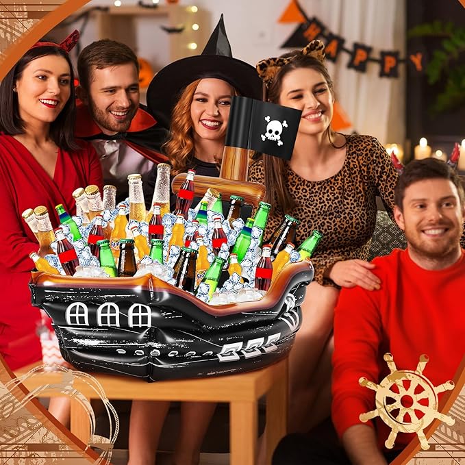 Zhanmai Inflatable Pirate Ship Drink Cooler Inflatable Serving Bar Food Container for Summer Carniva Mardi Gras Pirate Birthday Party Favor Supplies Decorations(Classic Colors,Skull Flag)