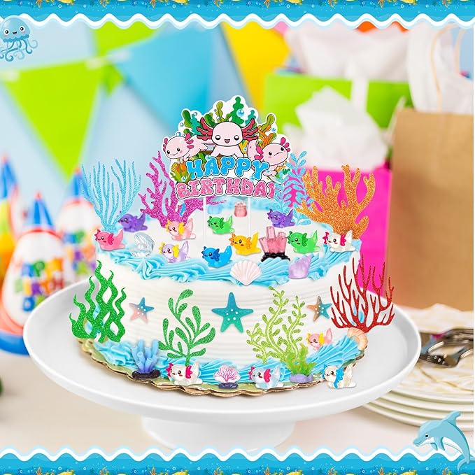 42 Pcs Axolotl Cake Topper Accessories Include 1 Happy Birthday Cake Topper 8 Artificial Seagrass 33 Axolotl Miniature Figures Ocean Decorations for Baby Shower Birthday Party Supplies