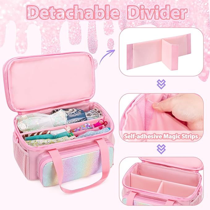 Carrying Case Compatible with Barbie Doll Clothes, Doll Accessories Storage Organizer, Double Layer Design, with Handle and Detachable Shoulder Strap, Case only (Pink)
