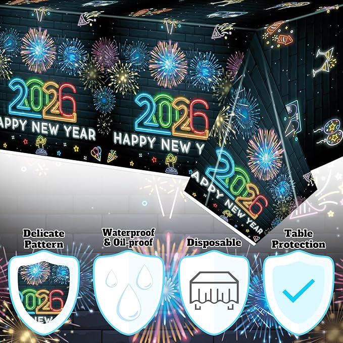 Neon New Year Tablecloth - 3Pack 2026 Happy New Year Eve Glow in The Dark Tablecovers Decoration Rectangle Tablecloth Carnival Party Table