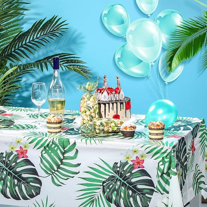 Tatuo 3 Pieces Hawaiian Luau Party Tablecloth Palm Leaves Table Cloth 54 x 108 Inches Plastic Disposable Table Decorations for Summer Pool Beach Cocktail Aloha Safari Jungle Party Supplies