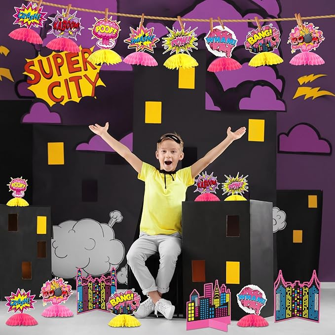 Funrous 11 Pieces Hero Party Decoration Hero Honeycomb Centerpieces 3D Table Topper Paper Large Word Centerpieces Fun Action Sign Standing Card for Birthday Baby Shower Decor Supplies (Pink)