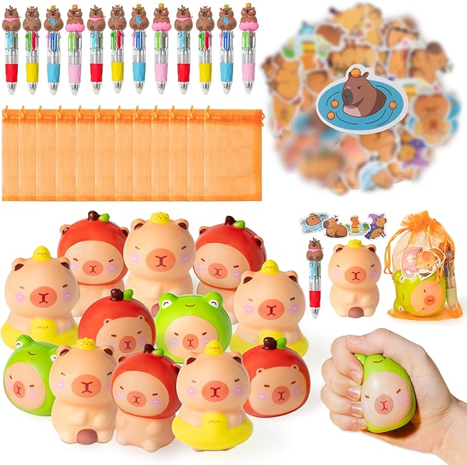 CY2SIDE 12 Pack Capybara Squeeze Toys Party Favor Gift Set, Included Random Slow Rising Squishy Toys 4-in-1 Ballpoint Pen Stickers and Organza Bag, Capybara Valentines Party Goodie Bag Fillers for Kid