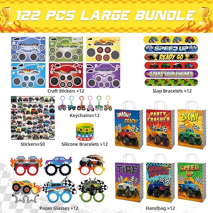 122 Pcs Monster Truck Party Favors, Truck Birthday Party Supplies Include Goodie Bags, Bracelets, Keychains, Stickers, Paper Glasses, Off-Road Racing Theme Pinata Fillers Classroom Rewards