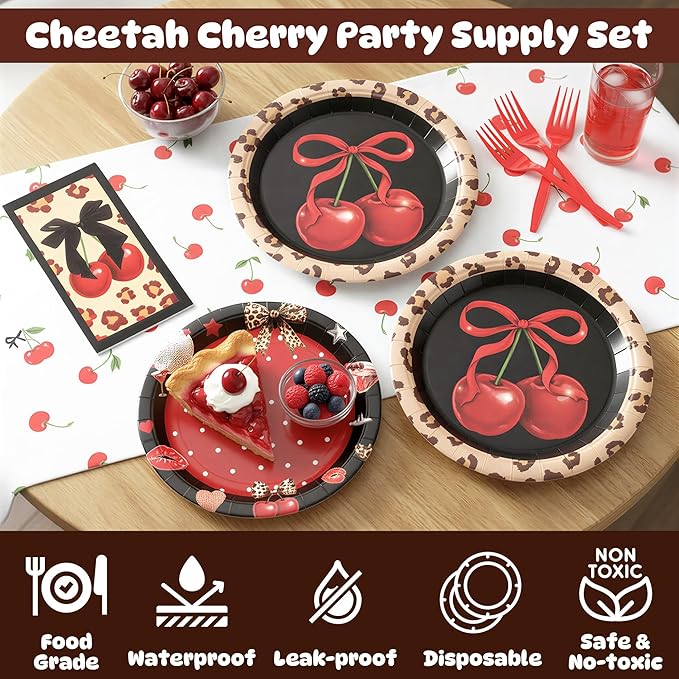 Haooryx Cheetah Cherry Tableware - 96Pcs Red Cherry Bow Leopard Print Decor Red and Black Fruit Themed Disposable Plates Napkins Forks for Girls Birthday Wedding Holiday Party Table Decoration Supply