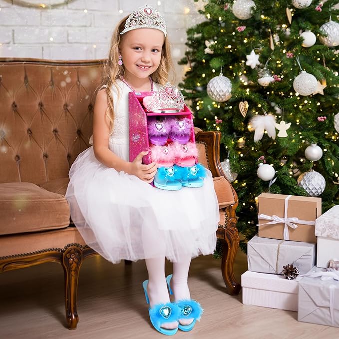Princess Dress Up Shoes Pretend Play Jewelry Toys Set 3 Pairs of Shoes with Tiara Earrings Necklaces Ring Role Play Set for Little Girls Aged 3-6 Years Old