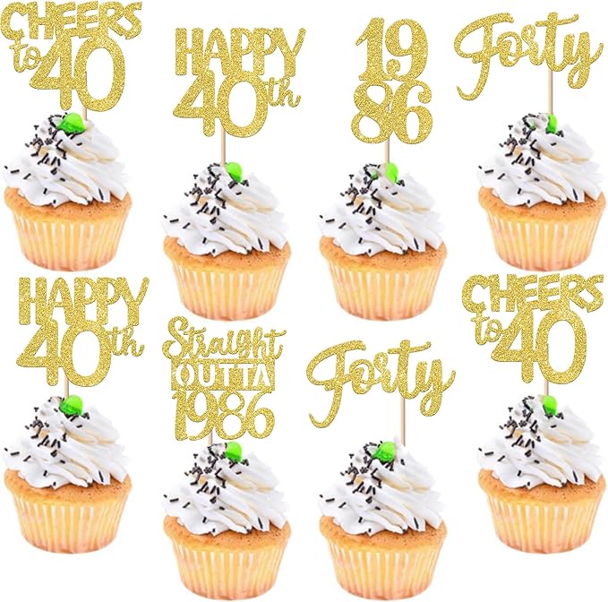 30PCS Straight Outta 1986 Cupcake Toppers Gold Glitter Forty Happy 40th Birthday Cupcake Picks Cheers to 40 Years Cake Decorations for 40th Birthday Anniversary Party Decoration Supplies
