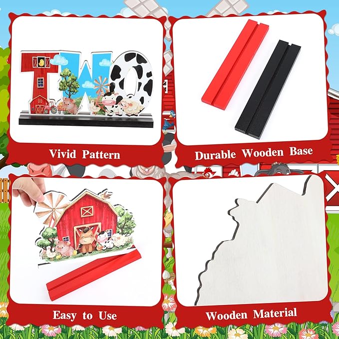 4Pcs Farm Animal 2nd Wooden Table Centerpieces Farm Barnyard Happy 2nd Birthday Table Sign Party Supplies for 2 Years Old Baby Shower Boys Girls Birthday Party Supplies Decor Photo Props Kids