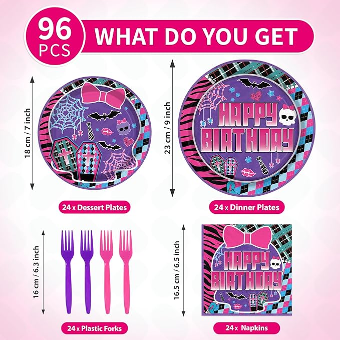 96 Pcs Monster Girl High Birthday Party Supplies Monster Skull Plates and Napkins Purple Belted Skull Tableware Set for Girls Baby Shower Birthday Themed Parties Supplies, Serves 24