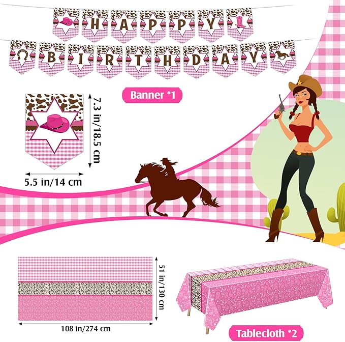 Gejoy 171 Pcs Western Cowgirl Birthday Party Tableware Supplies for 24 Guests Cowgirl Plates Napkins Birthday Banners Tablecloths Cups Knives Forks and Spoons for Party Decoration