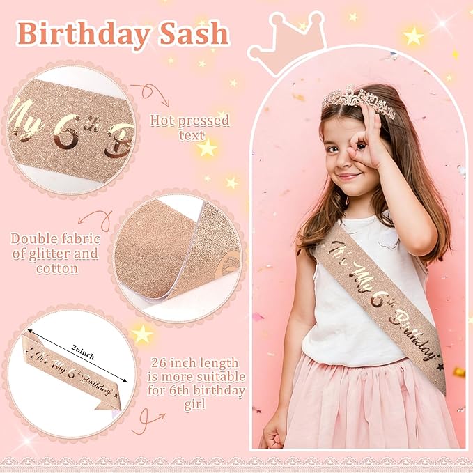 Semato 6th Birthday Decorations for Girl Sash and Crown Kit Rose Gold 6 Year Old Girl Birthday Gifts for Her Party Supplies