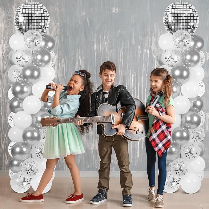 2 Sets Disco Ball Party Balloon Column Stand Kit with 102 Silver Disco Foil Balloons 5.57Ft Adjustable Balloon Tower Stand with Base Adjustable Arch Column for 70s 80s 90s Dance Birthday Supply