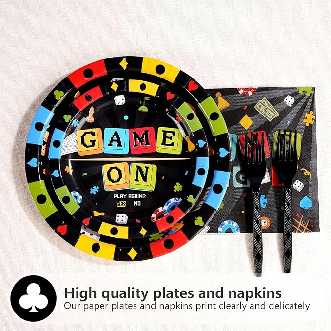 Grencian 96Pcs Game Night Party Supplies Black Family Game Party Decorations Plates and Napkins Disposable Family Gamer Paper Tableware Set for Kids Adults Birthday Games On Favors Serves 24