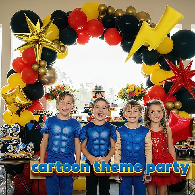 Red Black Yellow Balloon Garland Arch Kit - with Gold lightning Star foil balloons for kids cartoon Super Hero birthday Hedgehog fast go Carnival Circus Themed party decorations (Red Black Yellow)