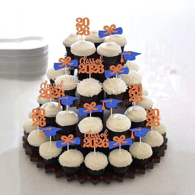 36 PCS Glitter 2026 Graduation Theme Cupcake Toppers Diploma Class of 2026 Graduation Cap Cupcake Picks for Class of 2026 Graduate Theme Party Cake Decorations Supplies Blue Orange