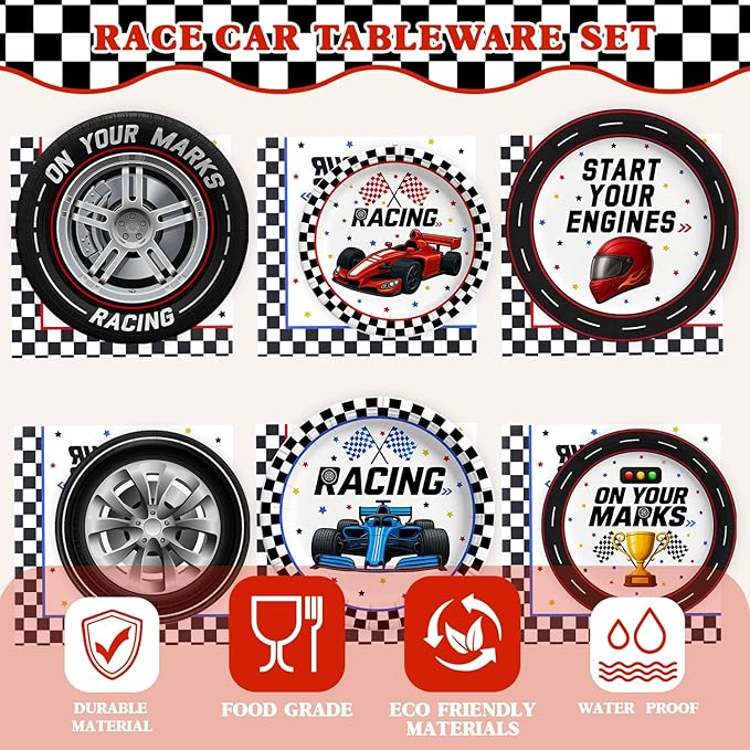 96 Pcs Race Car Birthday Party Decorations (Serves 24), All-in-1 Cars Decorations Supplies Include Include Plates Napkins Forks for Race Day