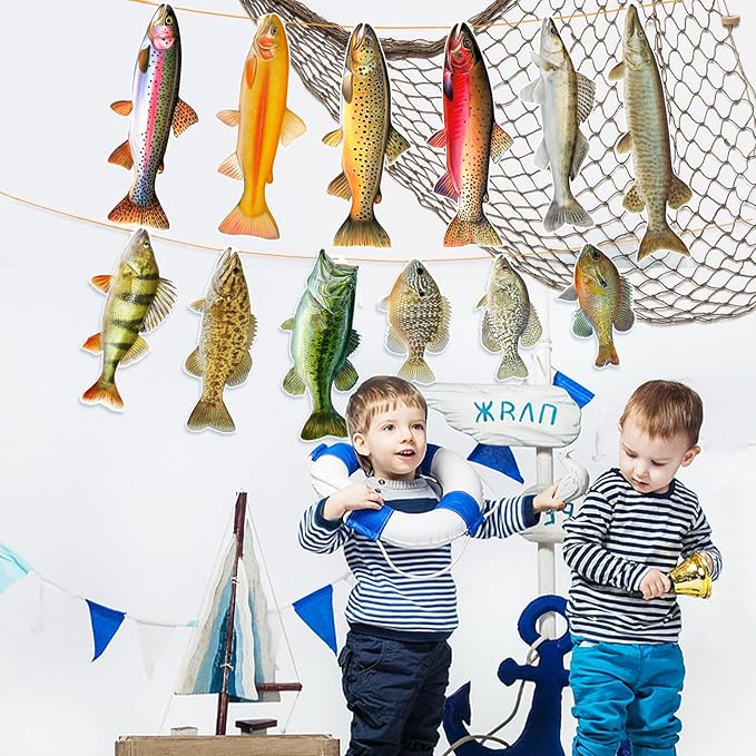 Fishing Birthday Decorations, Gone Fishing Party Supplies Sunfish Trout Bass Fishing Banner for Adults and Kids