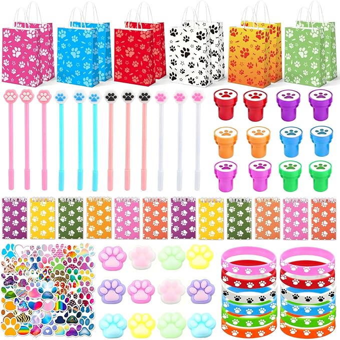 122 Pcs Paw Print Party Favors, Blue Puppy Theme Birthday Decorations for Girl with Orange Blue Dog Paw Goodie Bags Stuffers Stickers Mochi Squishy Toys Pen Mini Notebook, Easter Gifts for Kids