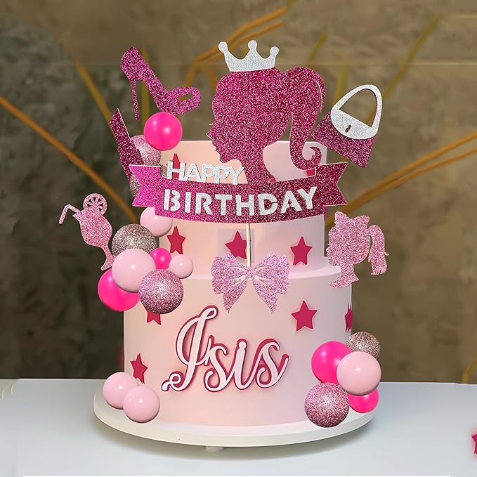 Hot Pink Girl Princess Cake Decorations - Glitter Happy Birthday Cake Topper with 20 Balls for Cake Decorating & 12 Girls Cupcake Toppers, Perfect Birthday Baby Shower Party Supplies for Barbie Fans