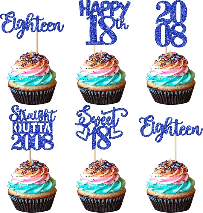 30 PCS 18th Birthday Cupcake Toppers Glitter Eighteen Happy 18 Straight Outta 2008 Cupcake Picks for Cheers to 18 Fabulous 18th Birthday Anniversary Party Cake Decorations Supplier Blue