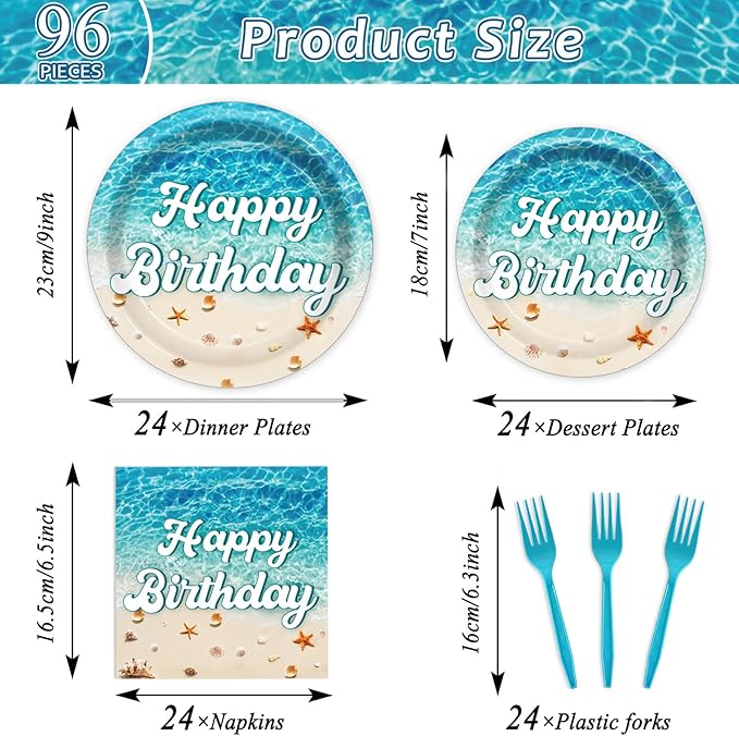CHUNNIN 96Pcs Beach Happy Birthday Plates and Napkins Ocean Waves Ocean Seashell Party Decorations Beach Themed Party Dessert Plates Summer Pool Tableware for 24 Guests Hawaiian Supplies
