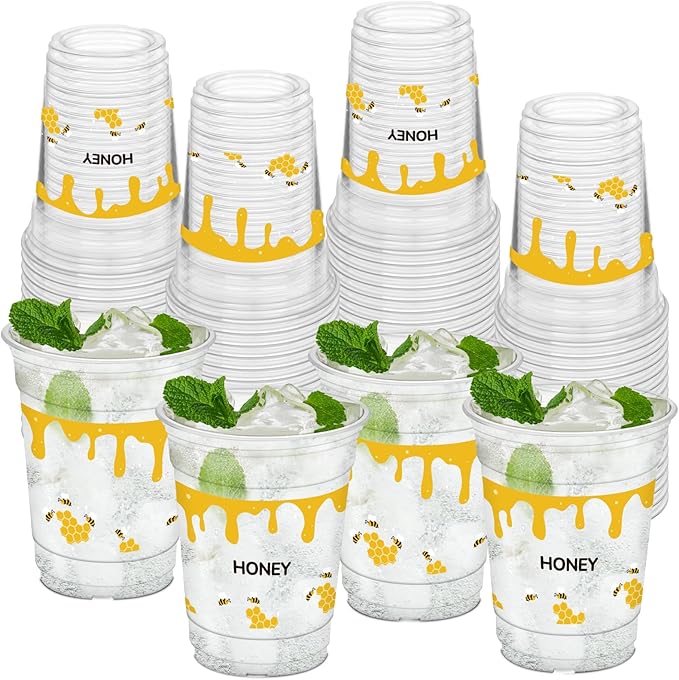 50 Pcs Honey Bee Cups, 12 oz Bee Party Clear Plastic Cups for Juice Water Coffee Summer Baby Shower Birthday Party Supplies Decorations