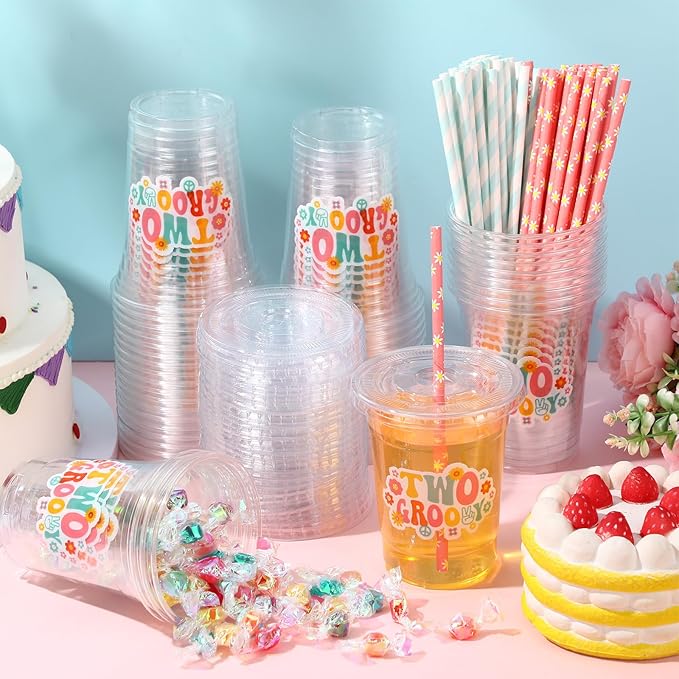 Yungyan 50 Sets Two Groovy Plastic Cups with Lids and Straws 16 oz Two Groovy Birthday Decorations Hippie Daisy Coffee Juice Drinking Cups for Flower Boho Birthday Baby Shower Party Supplies