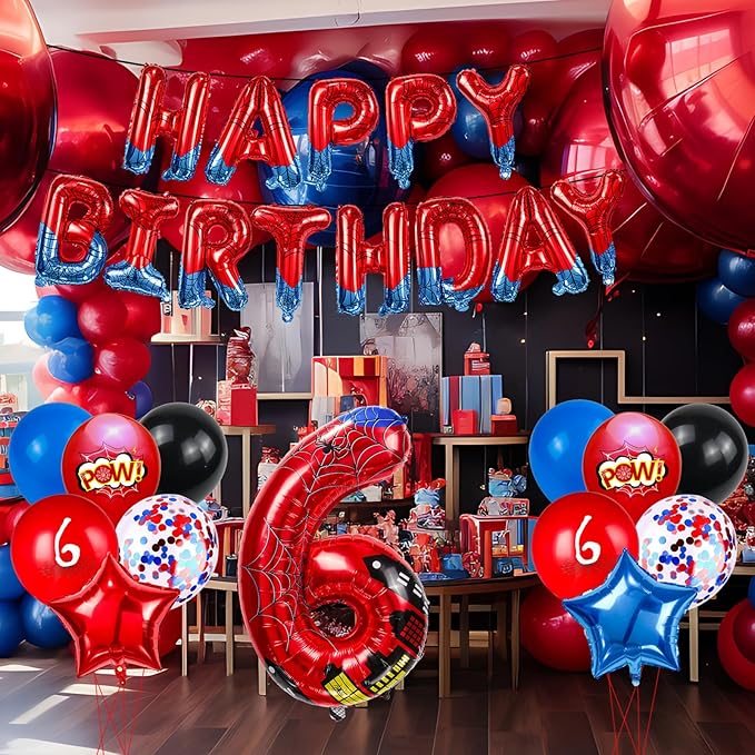 Cartoon Hero 40 Inch Red and Blue Spider Theme Number Foil Birthday Decoration Balloon, Spider Theme Happy Birthday Banner Party Decoration Balloon, Letter Logo Superhero Party Supplies (6)