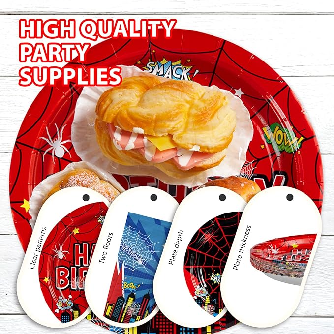 Grencian 96Pcs Cartoon Spider Birthday Party Decorations Red Blue Spider Birthday Plates and Napkins Disposable Hero Paper Tableware Set for Kids Baby Shower Super Theme Party Supplies, Serves 24