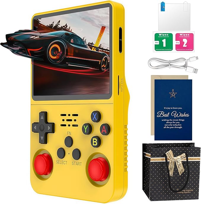 R36s Handheld Game Console Christmas Set (with Christmas Card & Bag) | 3.5 Inch IPS,128GB TF Card,21000+ Retro Games | Ready-to-Give Present for Adults (Yellow Gift Set)