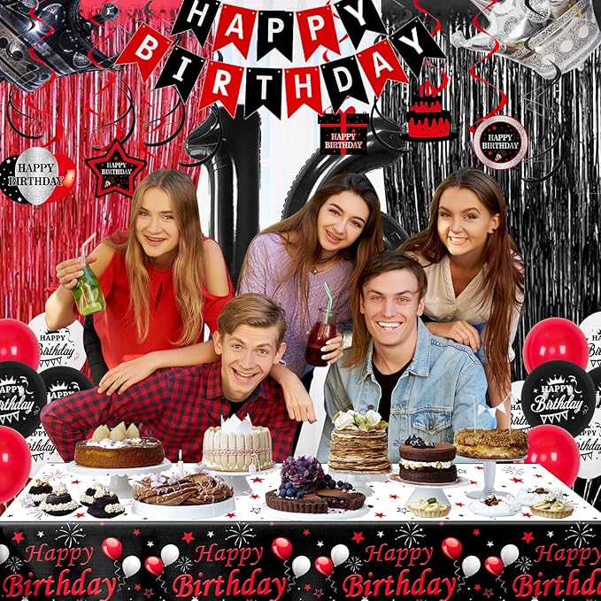 16th Birthday Decorations for Boys and Girls Red Black, Sweet 16 Party Decorations-Happy 16th Birthday Banner Number 16 Balloon Foil Crown Balloon Hanging Swirls Fringe Curtains Tablecloth