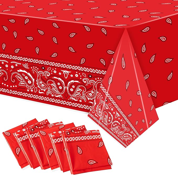 K1tpde 6PCS Bandana Party Tablecloths, Cholo Gangsta Theme Table Covers,Bandana Plastic Waterproof Tablecloth, Western Party Decorations Supplies for Adult, Red