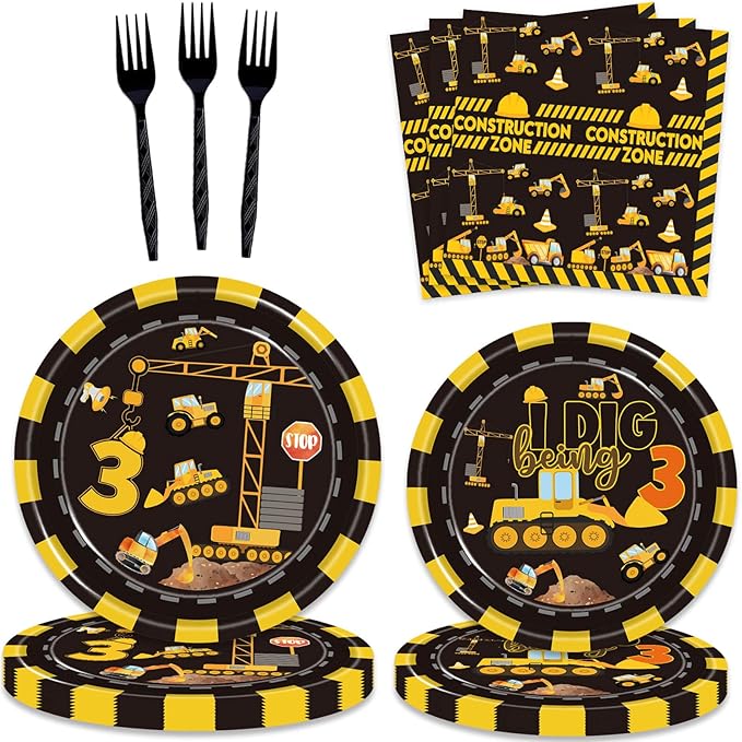 132 Pcs Construction 3rd Birthday Party Supplies Dump Truck Theme Three Tableware Includes Hanging Swirl, Banner, Plates, Cups, Tablecloth for Boys Construction Three Years Old Bday Party Decorations