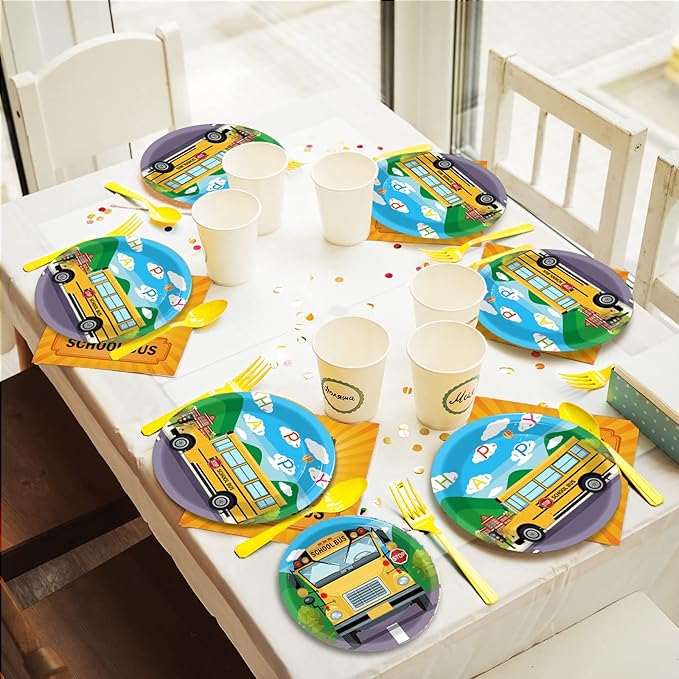 gisgfim 96 Pcs School Bus Party Plates and Napkins Party Supplies Back to School Birthday Party Tableware Set School Bus Decorations Favors for Birthday Baby Shower for 24 Guests