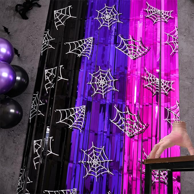 Wednesday Birthday Party Supplies, 2 Pack Wednesday Party Decorations 3.3x6.6ft Black Purple and Pink Tinsel Foil Fringe Curtains, Gothic Photo Booth Prop Backdrop Streamer for Girl in Dark