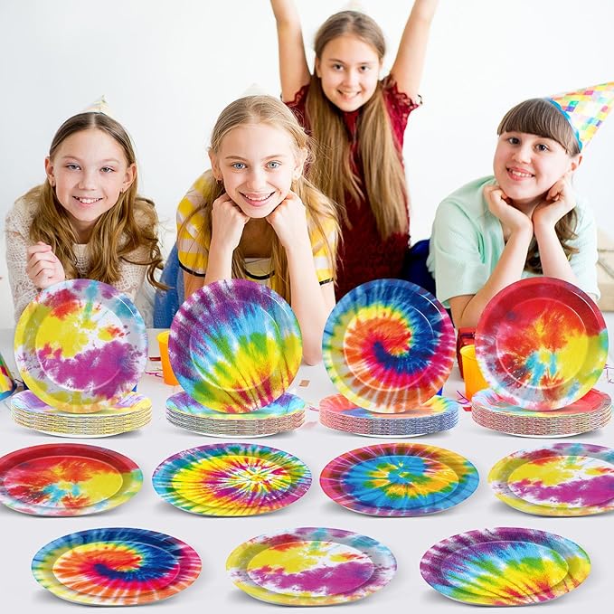 72PCS Tie Dye Birthday Plates Tie Dye Party Decorations Colorful Tableware Rainbow Plates Disposable Paper Plate Dessert Plates for Boys Girls Kids New Year Holiday Favors 6.7 * 6.7inch
