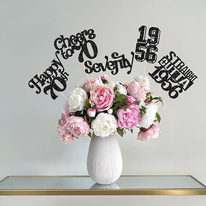 Gyufise 15Pcs Happy 70th Birthday Centerpiece Sticks Seventy Straight Outta 1956 Table Flower Centerpieces Sticks Decorations for Cheers to 70th Birthday Party Supplies Black