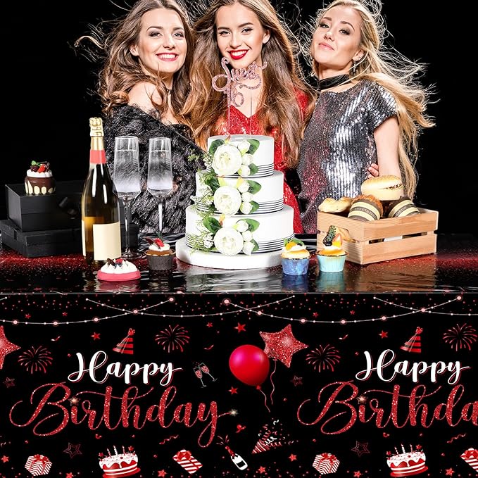 Tudomro 3 Pcs Happy Birthday Tablecloths Happy Birthday Party Decorations Plastic Table Cover Rectangular Cloths for Women Men Baby Shower Party Supplies, 108 x 54 Inch (Black Red)