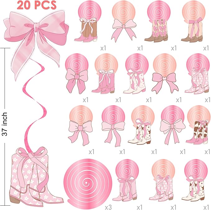 Cowgirl Coquette Hanging Swirls 20PCS Boots and Bows Hanging Decorations Pink Western Cowgirls Party Decorations Cowgirl Boots Hanging Streamers for Coquette Birthday Party Supplies